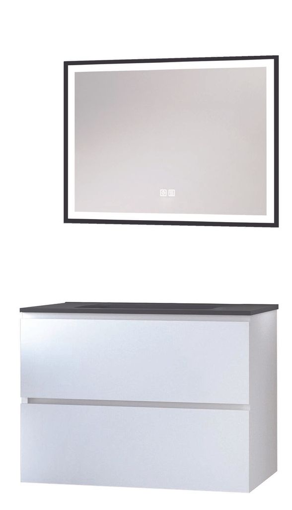 ONDEE ZEN – TRENDY Badezimmerschrank – 80 cm – Mattweiß – 2 Schubladen – Schwarze Ablage + SELENA-Spiegel
