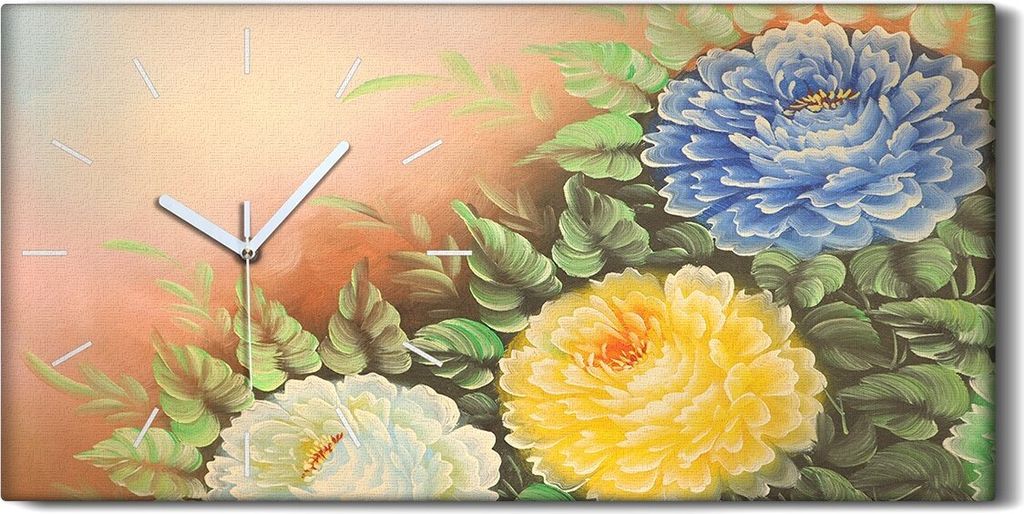 Wanduhr Uhr Wandbild Leinwand Quarz 60x30 Chrysanthemenblüten auf einer Wiese - weiße Hände