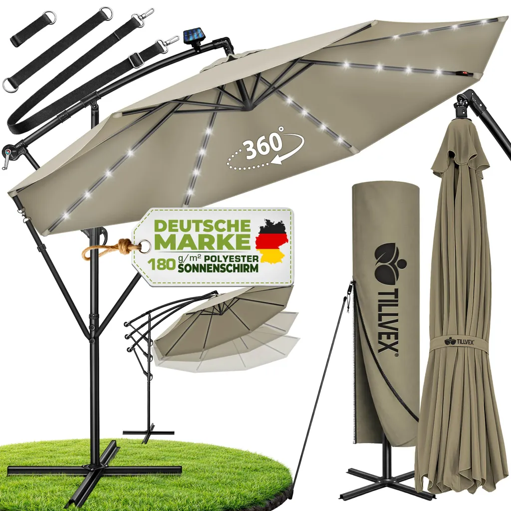 Parasol de Marché Rond Ø 3m Marron à Manivelle et Éclairage Solaire
