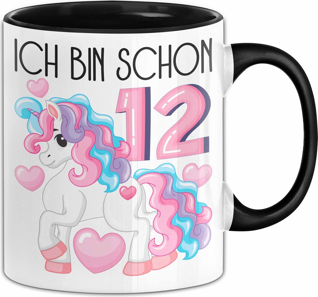 12. Geburtstag Geschenk Tasse Becher Mädchen Tochter Geburtstagsgeschenk Einhorn Ich Bin Schon 12 (Schwarz)