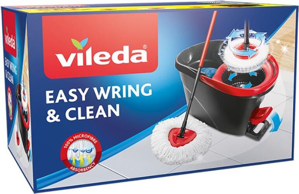 A product box for a Vileda Easy Wring & Clean mop and bucket set, showing a diagram of the mop and bucket.
