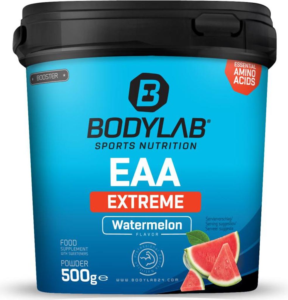 A product shot of a container of BODYLAB EAA Extreme watermelon flavored powder.
