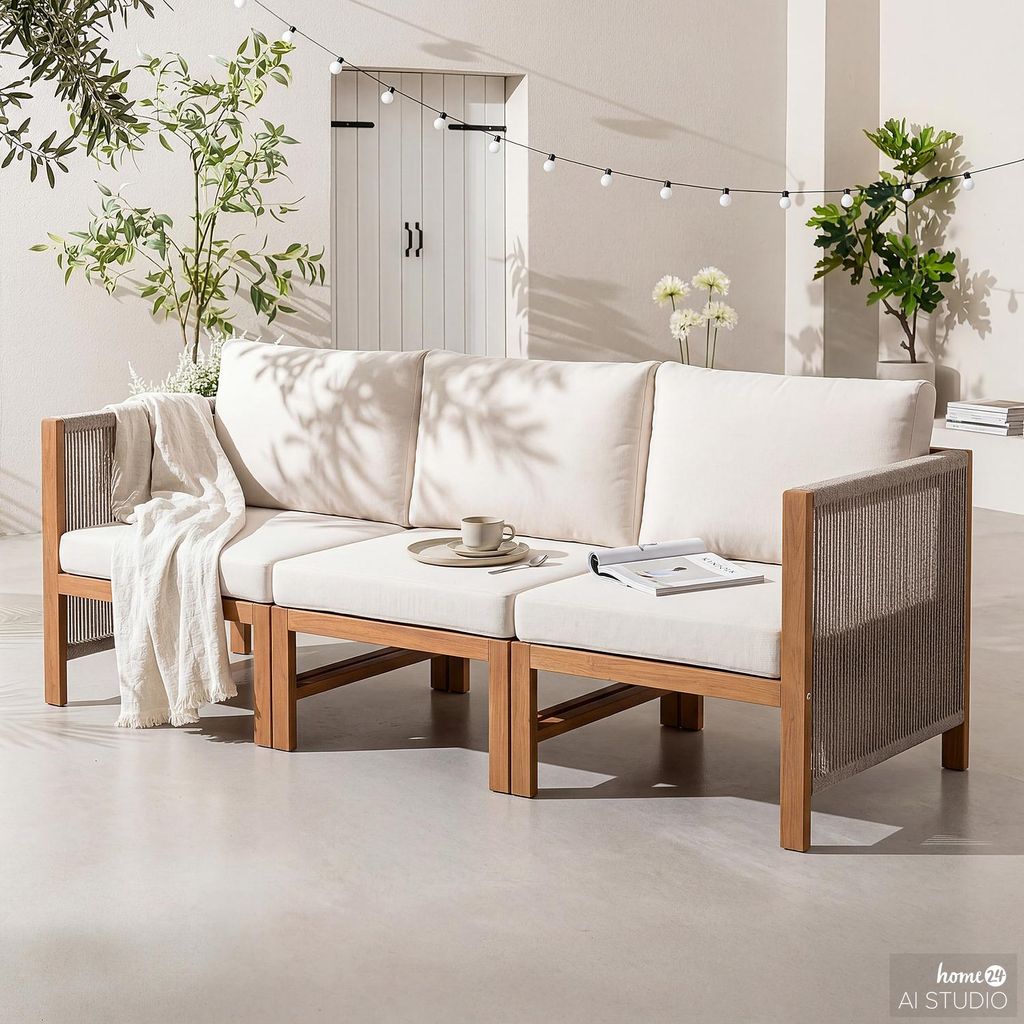 home24 Loungeset - 3-teilig - Akazie Massiv / Polyester - Braun / Beige