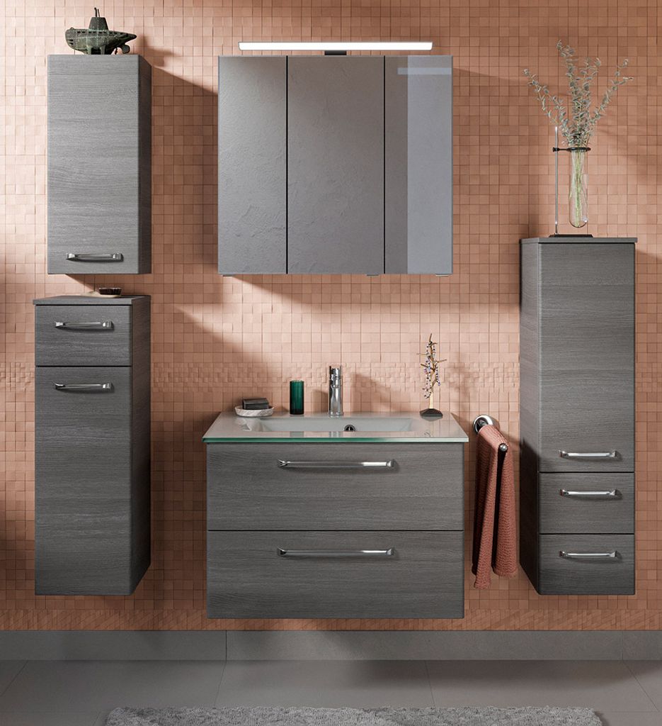 Badezimmer Komplett Set mit Glaswaschbecken TRENTO-66 in Graphit Struktur Nb., B/H/T: ca. 167/200/50 cm