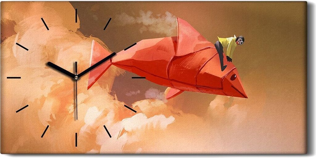 Wanduhr Bürouhr Leinwand Bild 60x30 Mädchen fliegt auf einem roten Fisch - schwarze Hände