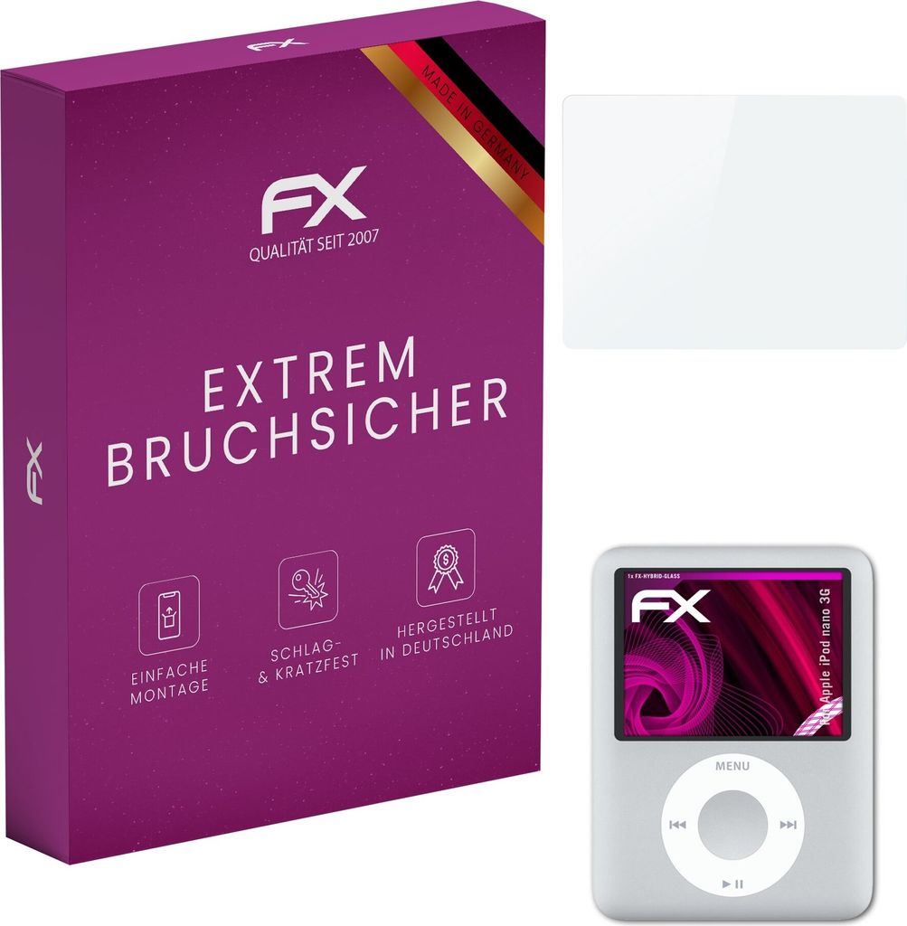 atFoliX FX-Hybrid-Glass Displayfolie kompatibel mit Apple iPod nano 3G Glasfolie
