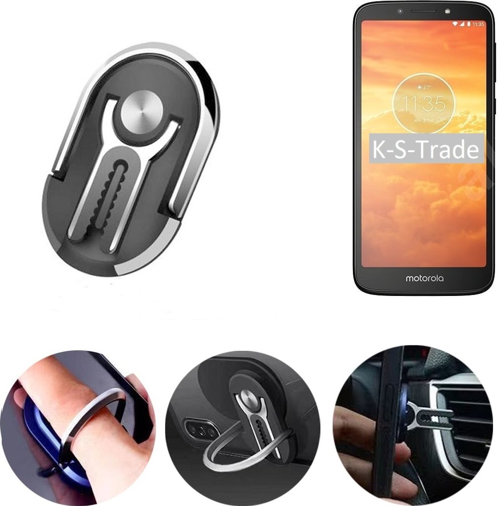 K-S-Trade 3in1 Smartphone-Ring Handy-Ring kompatibel mit Motorola Moto E5 Dual SIM Fingerhalterung Handyring Tischständer Lüftungsgitter-Halterung