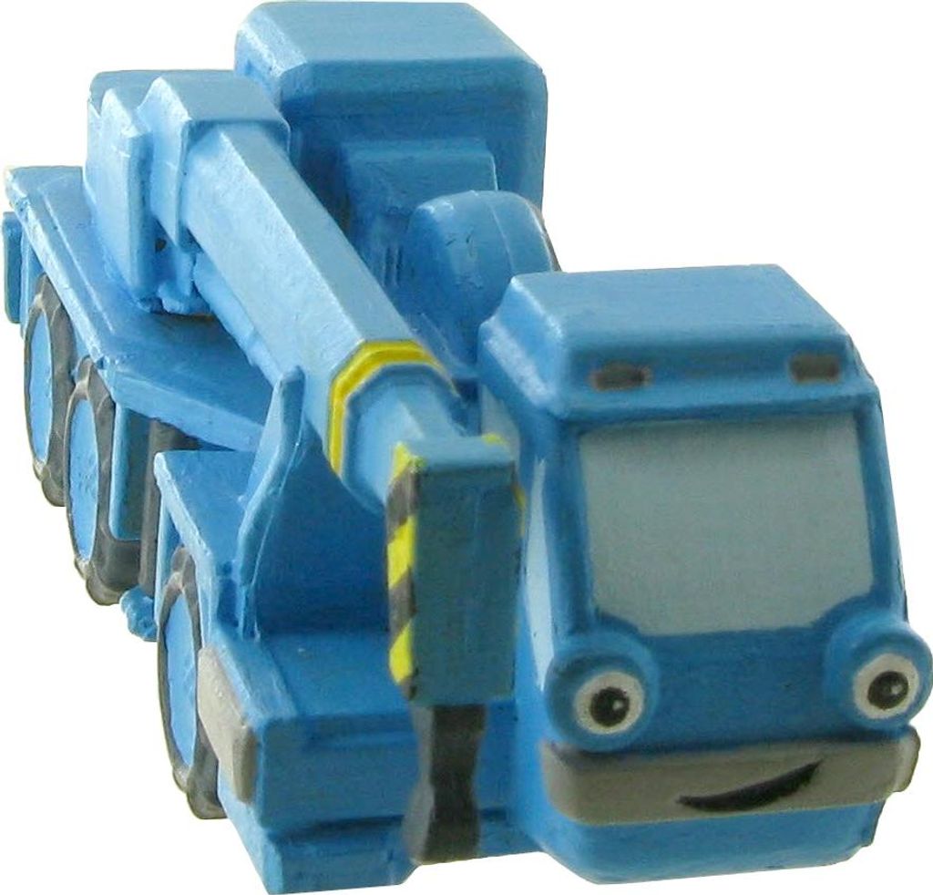A blue toy crane truck with a friendly face.