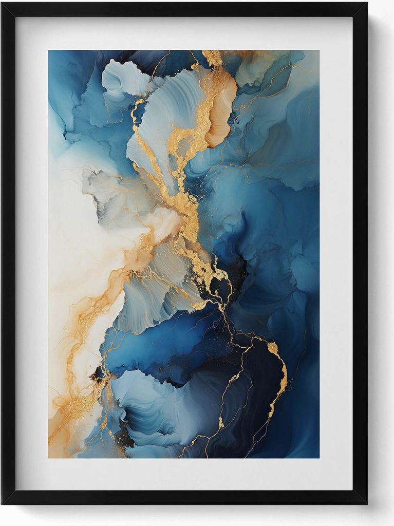 Flüssige Abstraktion mit Gold– Wandbild mit Rahmen – Gerahmtes Bild – Wanddekoration – 50x70 cm – Schwarz Rahmen