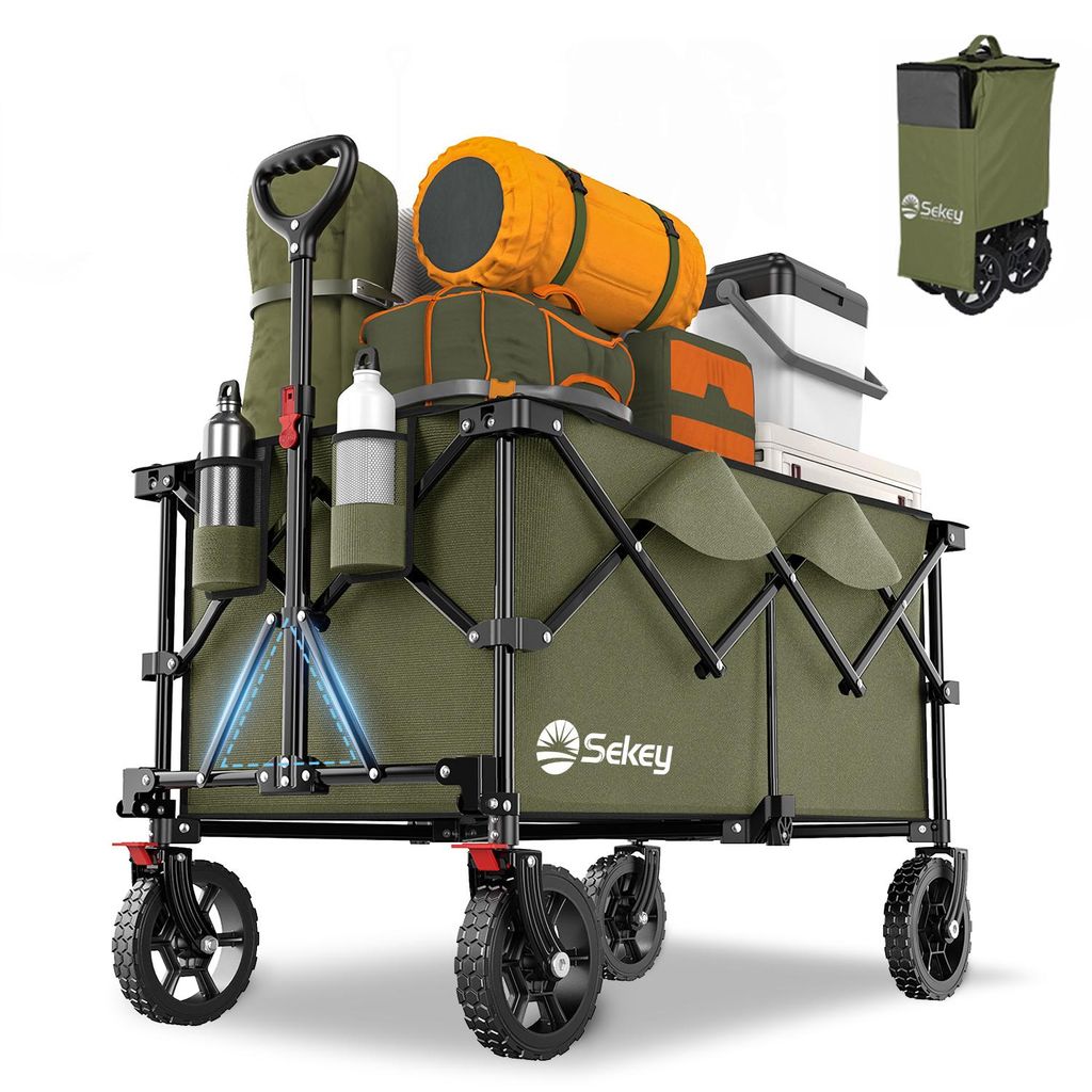 Sekey XXL 200KG Belastbar Bollerwagen Faltbar mit Spanngurte, 17x4 cm Reifen, Olivgrün