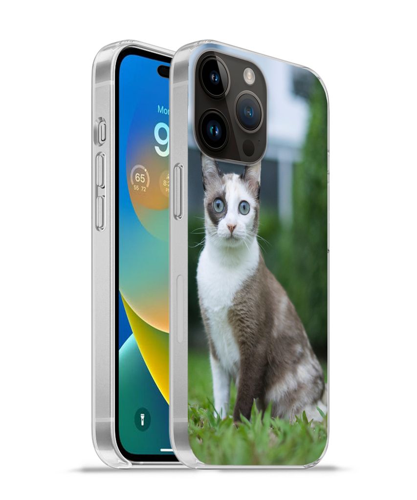 MuchoWow Handyhülle Schutzhülle Hülle für Apple iPhone 14 Pro Max Katze - Siamese - Gras - Mädchen - Kinder - Jungen - Kind Silikon Softcase...