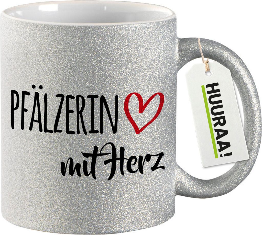 Huuraa Glitzertasse Pfälzerin mit Herz 330ml Silber Keramik Kaffeebecher Geschenkidee