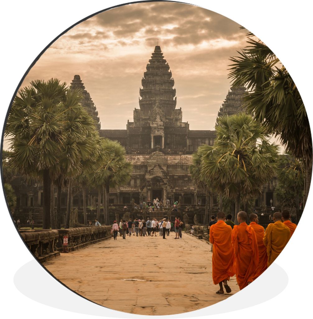 MuchoWow Aluminium Wandkreis Wandernde Mönche in Richtung Angkor Wat Ø 30 cm Wanddeko Modern Wohnzimmer - Wand Bild - Wohnzimmer - Runde Bilder...