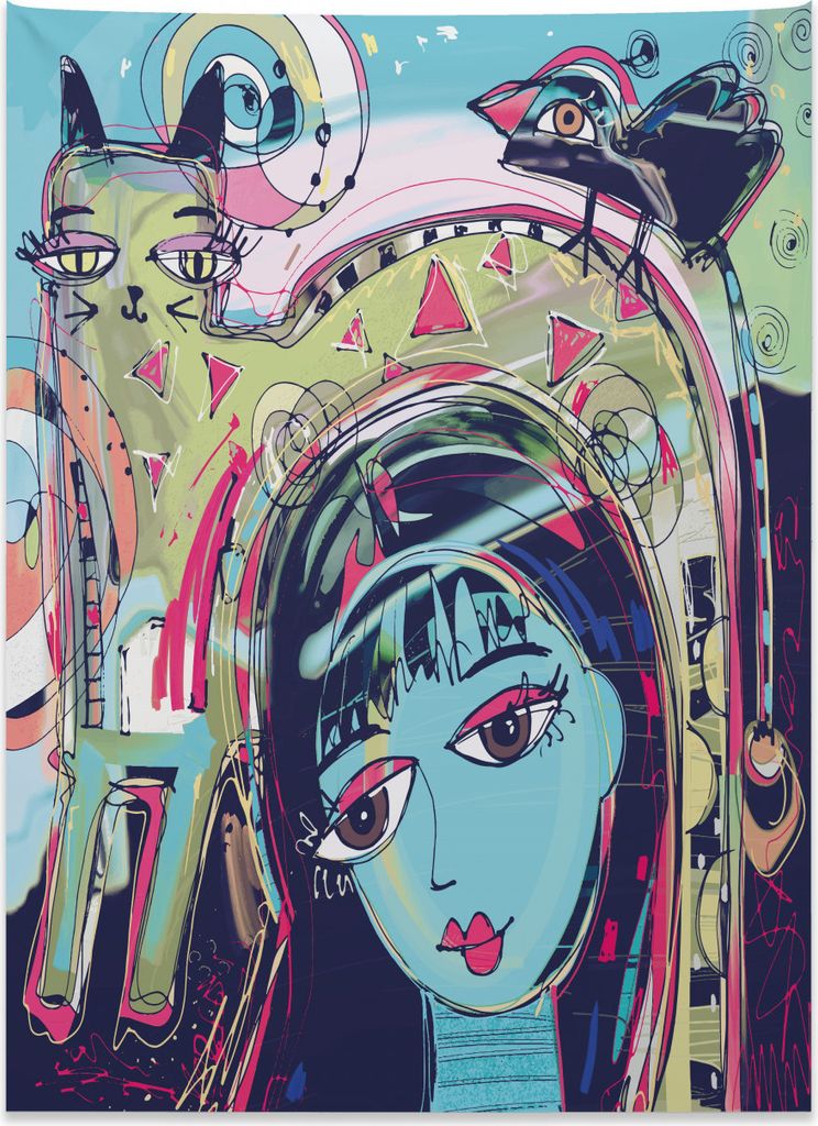 Abakuhaus Abstrakte Kunst Wandteppich, Avatar Frau Katze aus Weiches Mikrofaser Stoff Kein Verblassen Klare Farben Waschbar, 110 x 150 cm, Mehrfarbig