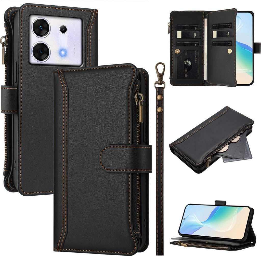 Handyhülle für Infinix Zero 30 5G Reißverschluss Geldbörse Kunstleder Klapphülle mit Kartensteckplatz, Ständer, Handschlaufe Schwarz
