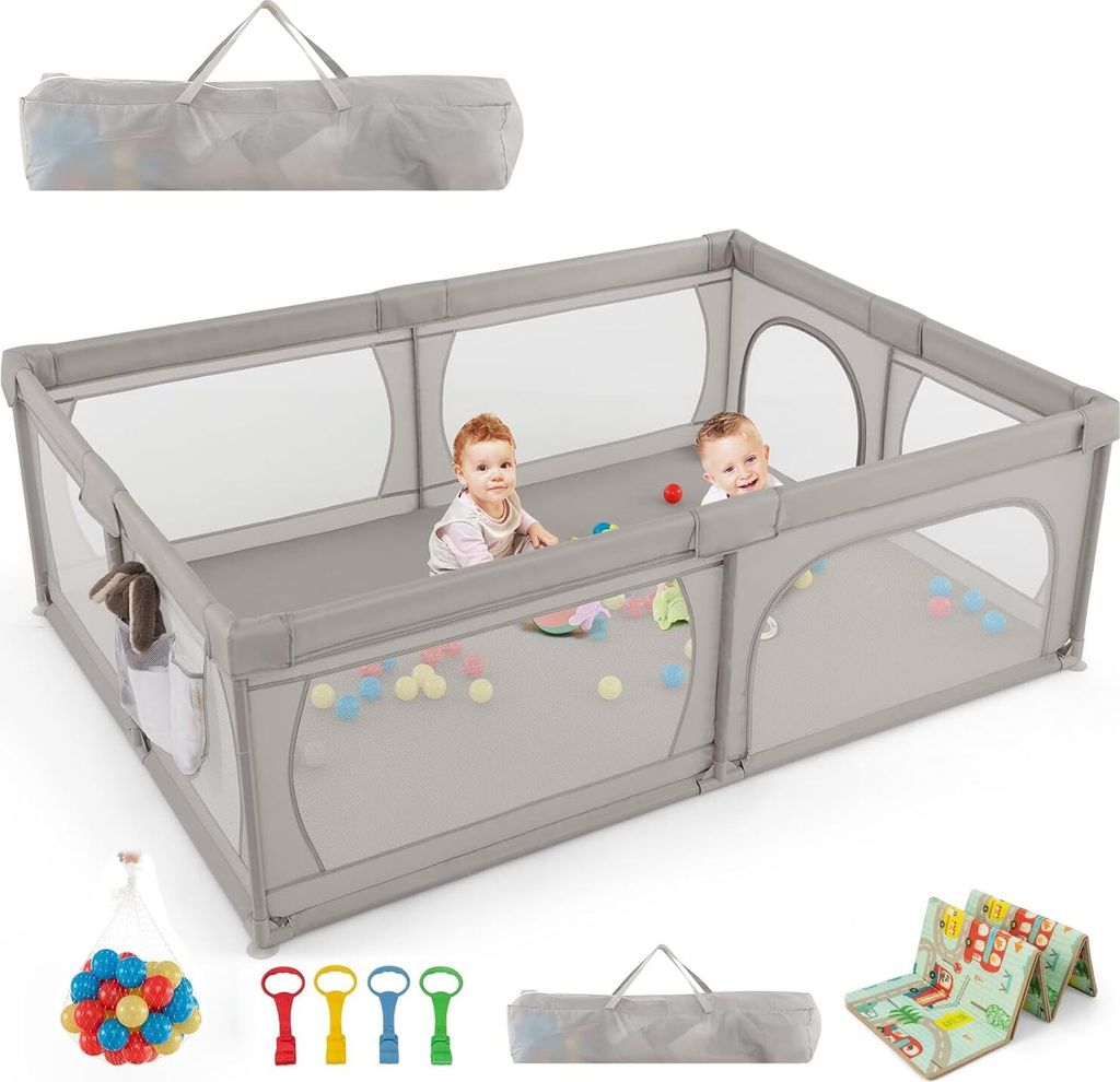 GOPLUS Baby Laufstall mit 50 Spielbällen, Krabbelgitter, Laufgitterzelt mit atmungsaktivem Netz, Reisebett mit 2 Türen und Reißverschluss (Mit M...