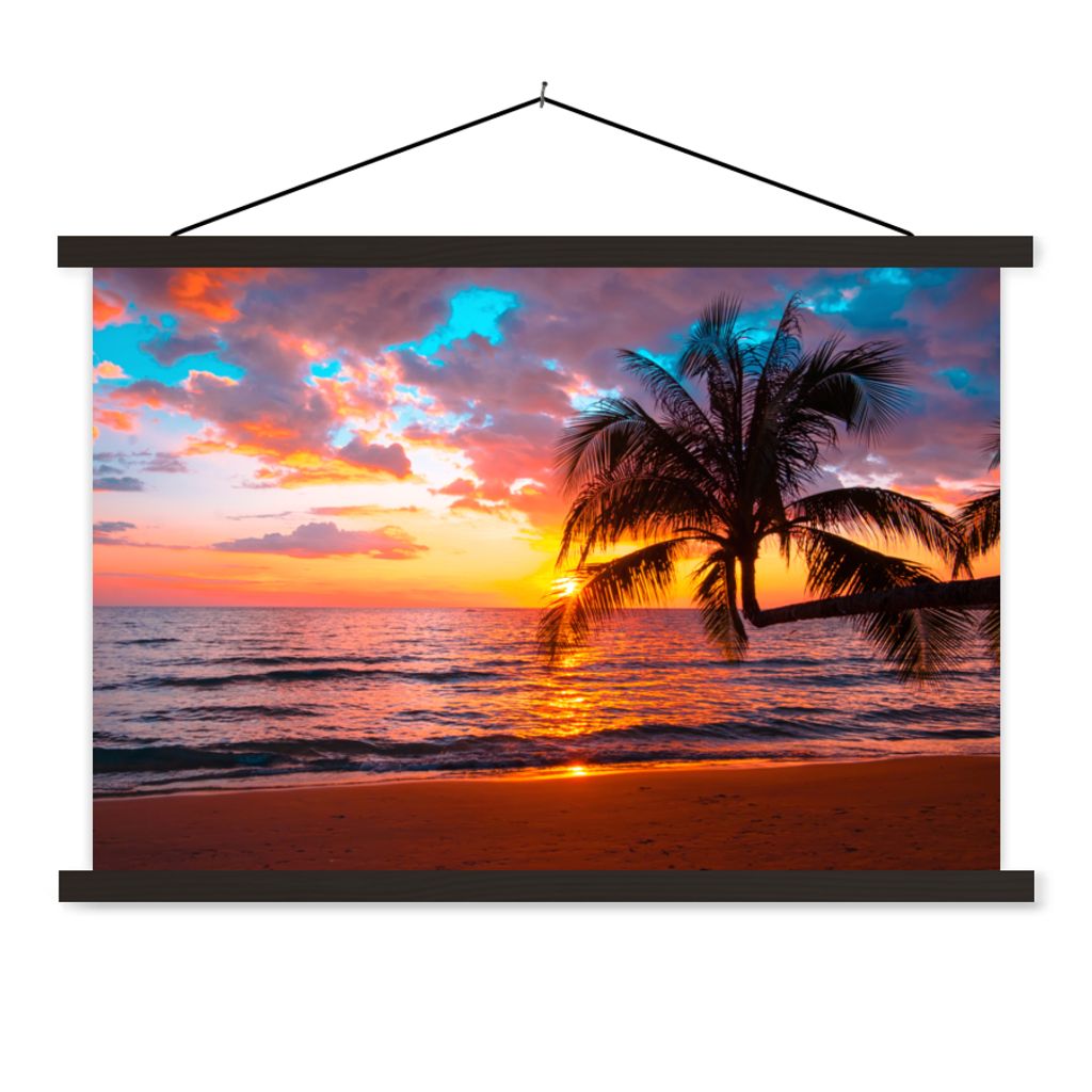 MuchoWow Textilposter Palme - Sonnenuntergang - Strand - Meer - Horizont 90x60 cm mit schwarzem Rahmen - Aufhängungssatz