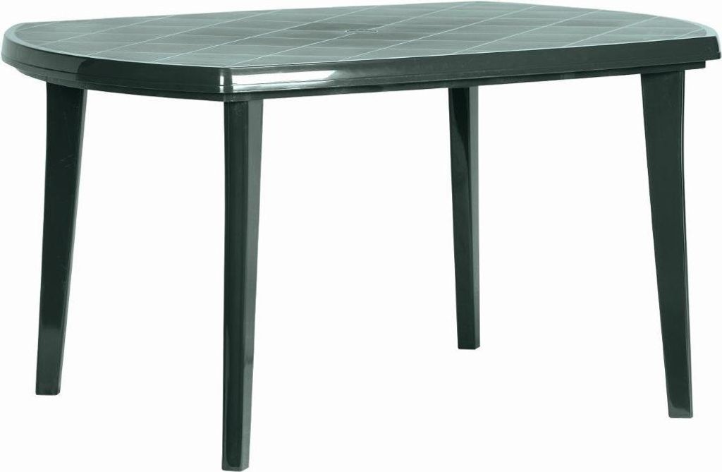 A dark green plastic garden table with four legs, shown on a white background.
