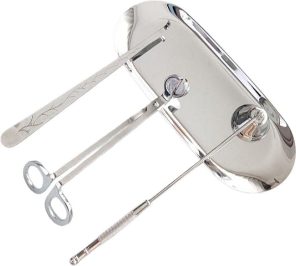INF 4-teiliges Kerzenpflege-Set: Dochtschneider, Löscher, Schnäpper & Tablett Silber