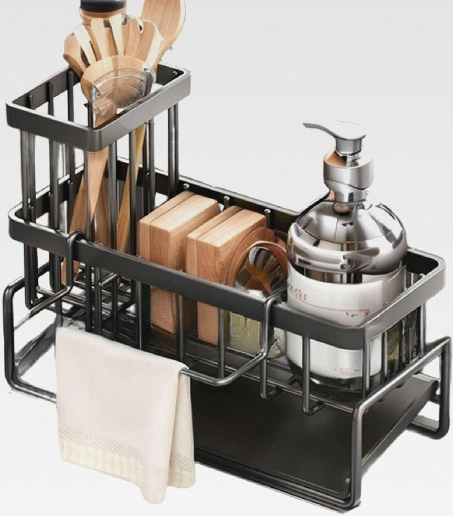 Sink Organiser with Drain Pan Sink Caddy Organiser Dish Cloth Holder Utensils Basket for Kitchen & Bathroom