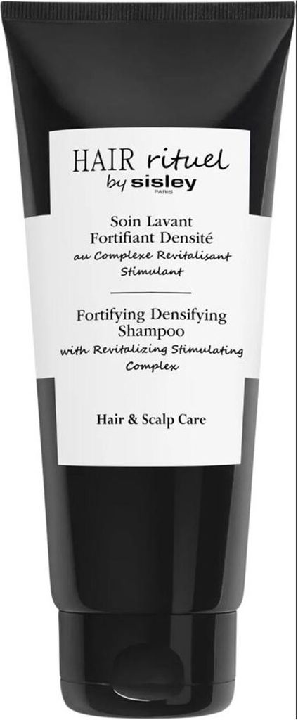 A black tube of shampoo with a white label.