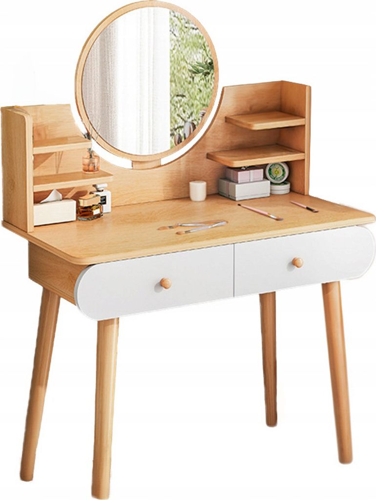 A wooden vanity table with a round mirror and two drawers, decorated with makeup.