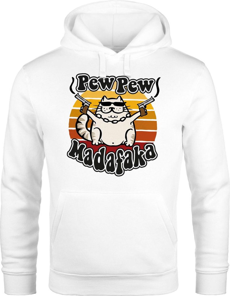 Hoodie Herren Pew Pew Madafaka Katze Crazy Cat Gangsta Kitty Meme Trend Spruch Moonworks weiß L