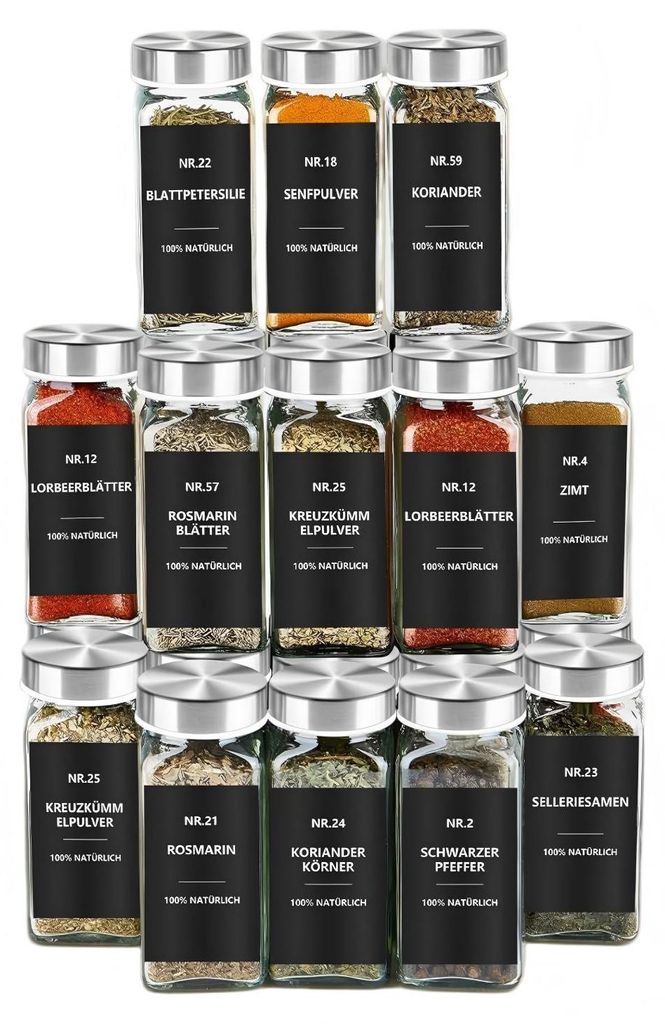 24er-Set Gewürzgläser Set, Glas Gewürzdosen mit Silberdeckel, Etiketten, luftdicht, Küchen Organizer