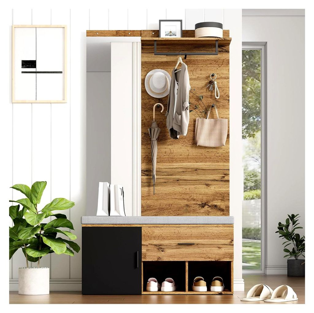Garderobenset in Holzoptik, 190 cm hoch, mit Spiegel, Schuhbank 104 x 39 cm, Polster, Schuhschrank, Schublade, Regal und Kleiderhaken