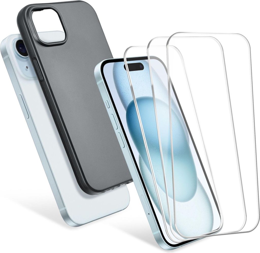 CELLONIC 1x Handyhülle & 3x Displayschutzfolie kompatibel mit iPhone 15 Plus – 6,7 Zoll zum Schutz von Rückseite und Display, 0,33mm Ultradünn...