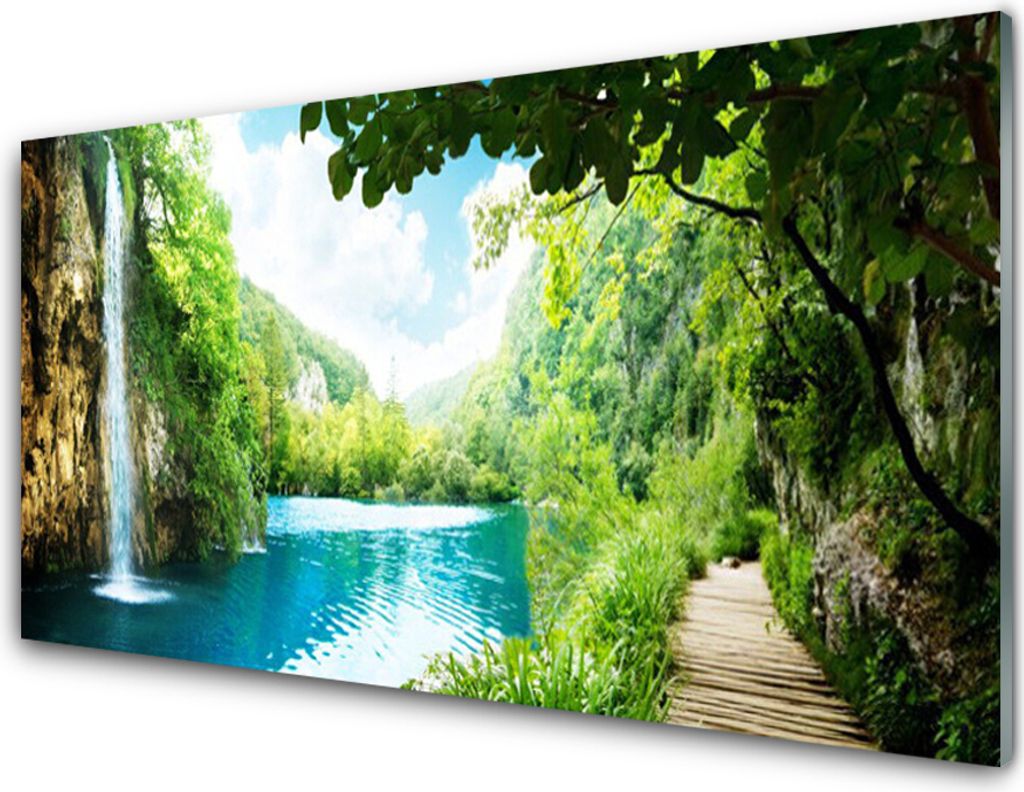 Acrylglasbilder 100x50 Wandbild Druck Wasserfall See Bäume Natur