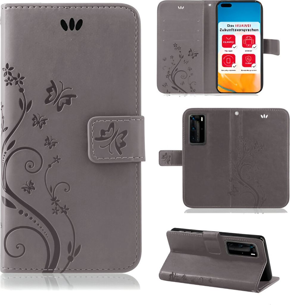 Handytasche für Huawei P40 Pro Blumen Flip Cover Buchhülle mit Magnetverschluss, Grau