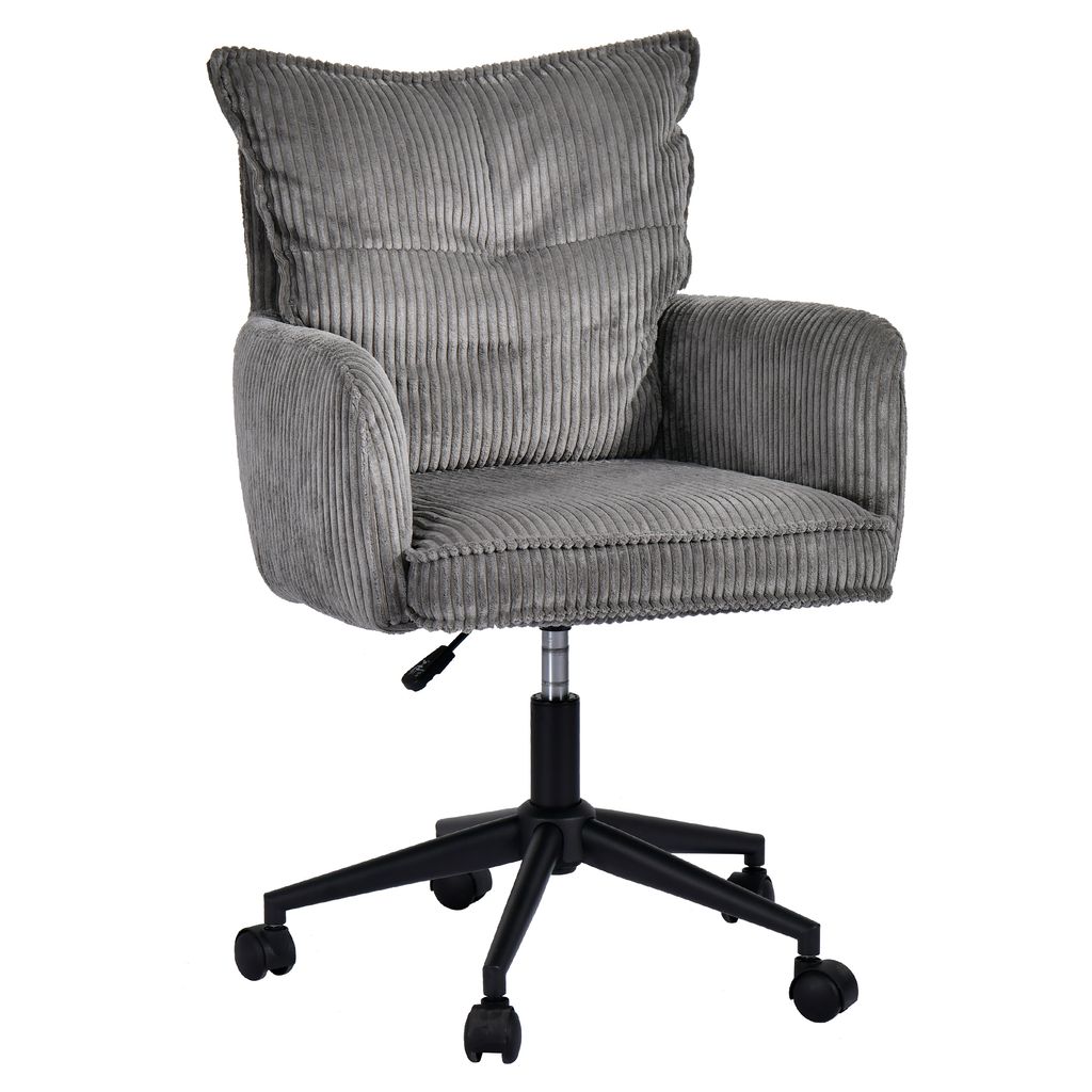 A gray corduroy office chair with a black base and wheels, shown from the front on a white background.