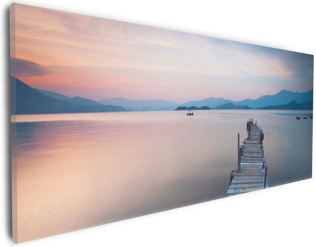 Wallario Premium Leinwandbild Steg am See- Idylle bei Sonnenuntergang in Größe 30 x 75 cm