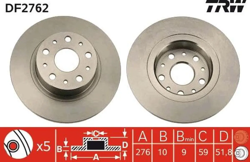 Disque de frein arrière plein TRW DF2762 compatible Alfa Romeo et Kappa