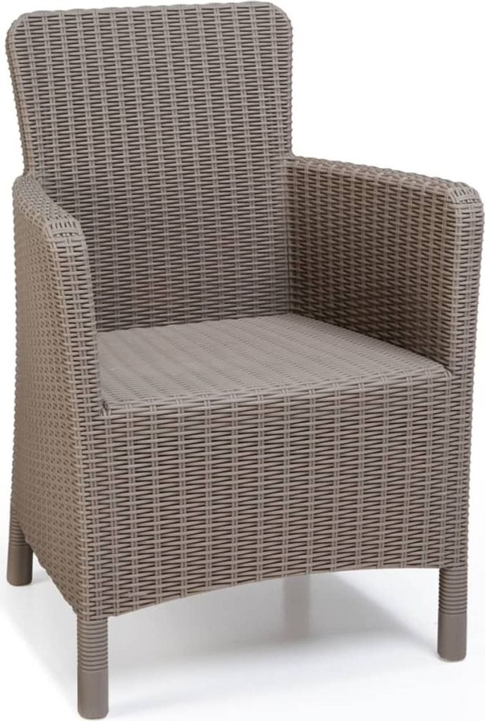 A single rattan armchair on a white background.