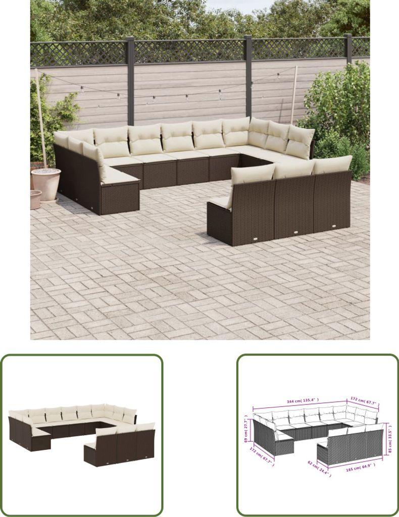 The Living Store 13-tlg. Garten-Sofagarnitur mit Kissen Braun Poly Rattan
