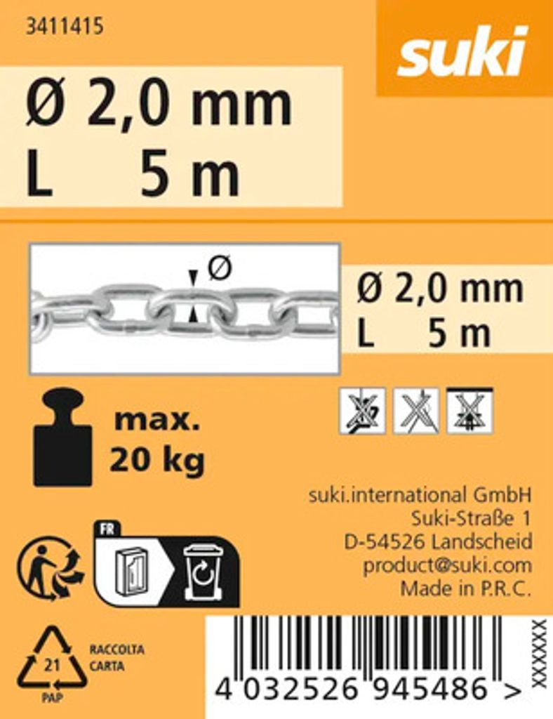 Rundstahlkette Typ C Ø 2 mm galv. verzinkt 5 m