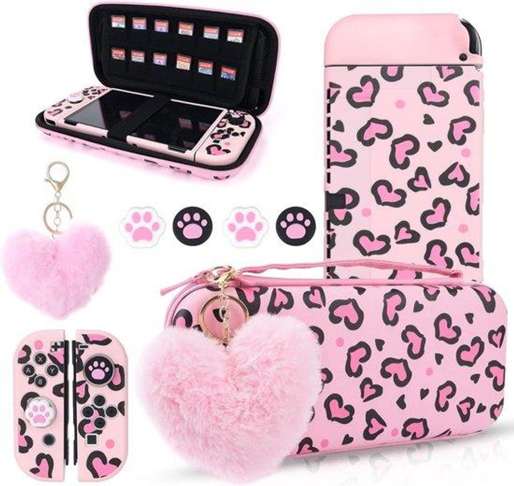 Luipaard Draagtas für Switch OLED - Harde, Draagbare Case Shell - Rosa - Mit Silikonbeschutzung, Daumengriff und Plüschherz-Accessoire
