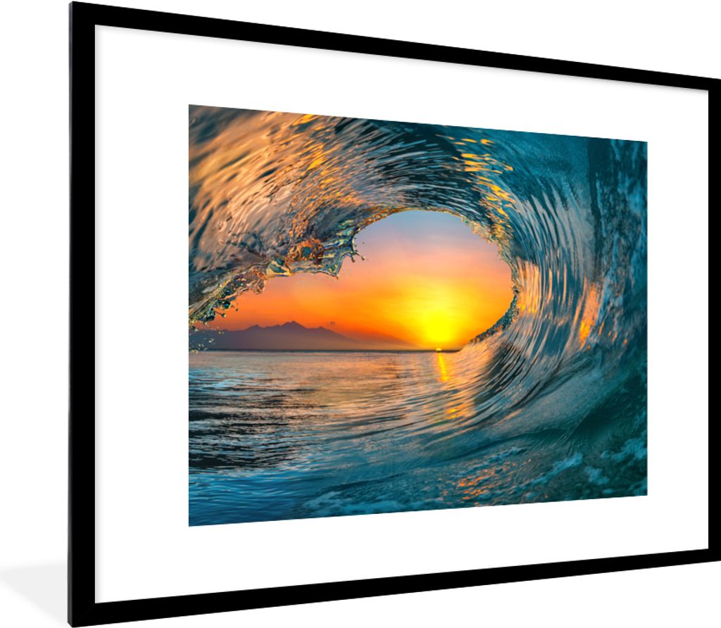 MuchoWow Gerahmtes Poster Sonnenuntergang - Wasser - Welle - Orange 80x60 cm - Poster mit Schwarzem Bilderrahmen Wandposter Rahmen Foto Bilder - ...