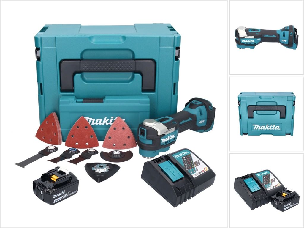 Makita DTM 52 RT1JX4 Akku Multifunktionswerkzeug 18 V Starlock Max Brushless + 1x Akku 5,0 Ah + Ladegerät + Zubehör Set + Makpac
