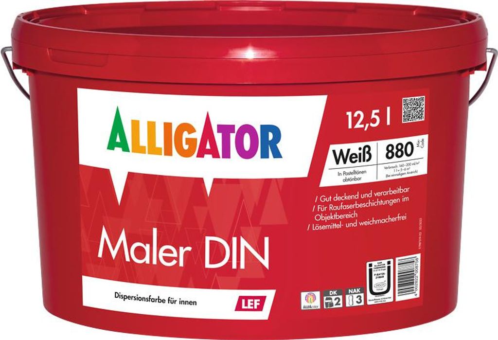 Alligator Maler Din LEF Stumpfmatte Dispersions-Innenfarbe, weiß, 12,5l