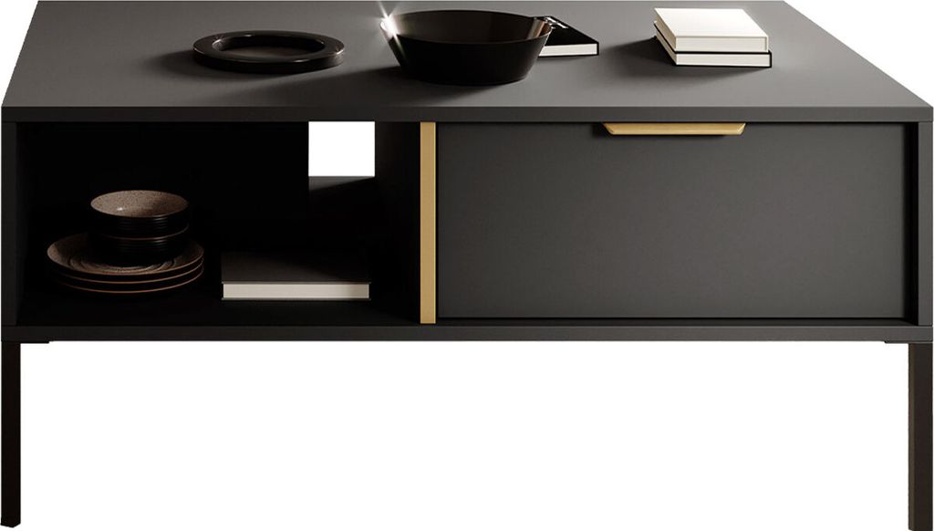 MIRJAN24 Couchtisch Lars 2S mit 2 Schubladen, Metallfüße und Griffe (Farbe: Anthrazit / Anthrazit + Gold)