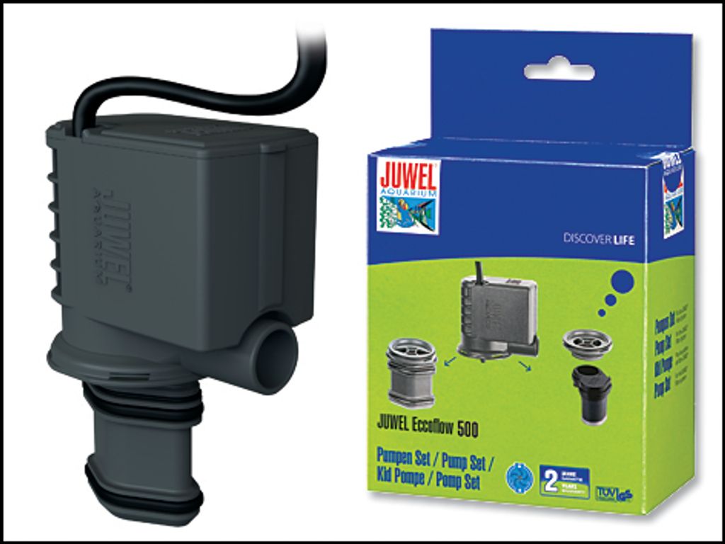 A product shot of a water pump next to its packaging.