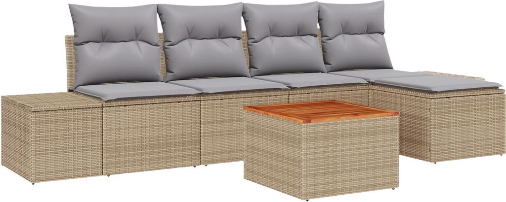 6-teilige Garten-Sofa-Garnitur mit Kissen Beige Poly-Rattan Akazie, Gartensofas DesignMöbel Neu
