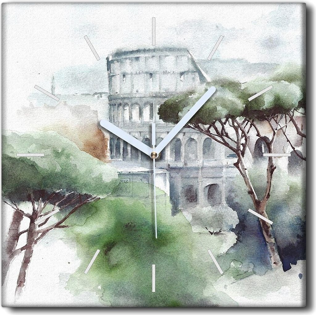 Coloray Uhr auf Leinwand 30x30 cm Wand Uhr Dekoration Wohnzimmer Segeltuch weiße Zeiger -Italien Rom Colosseum.