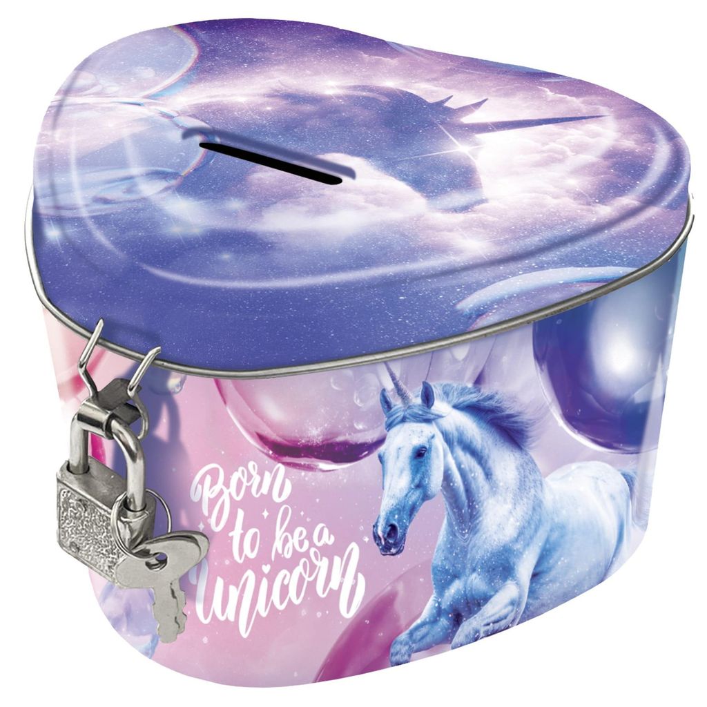 Spaarbox met slot, hartvormig, eenhoorn, 15 cm, merk Productafbeelding 