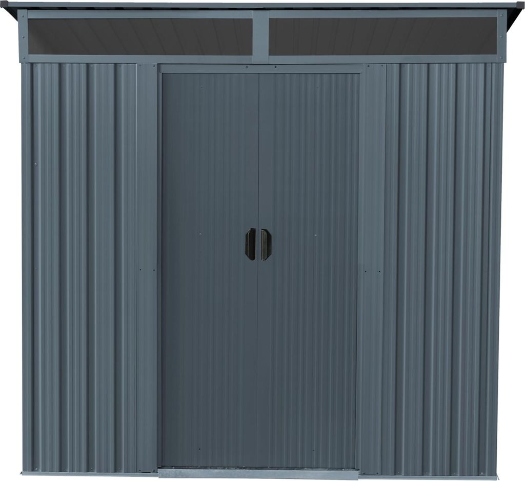 A front view of a gray metal shed with double doors and a dark gray roof.