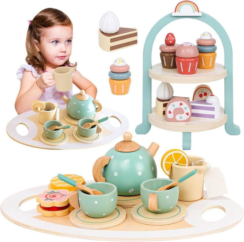 Holz Tee Set für Kinder Kaffeeservice Spielzeug mit Etagere & Kuchen
