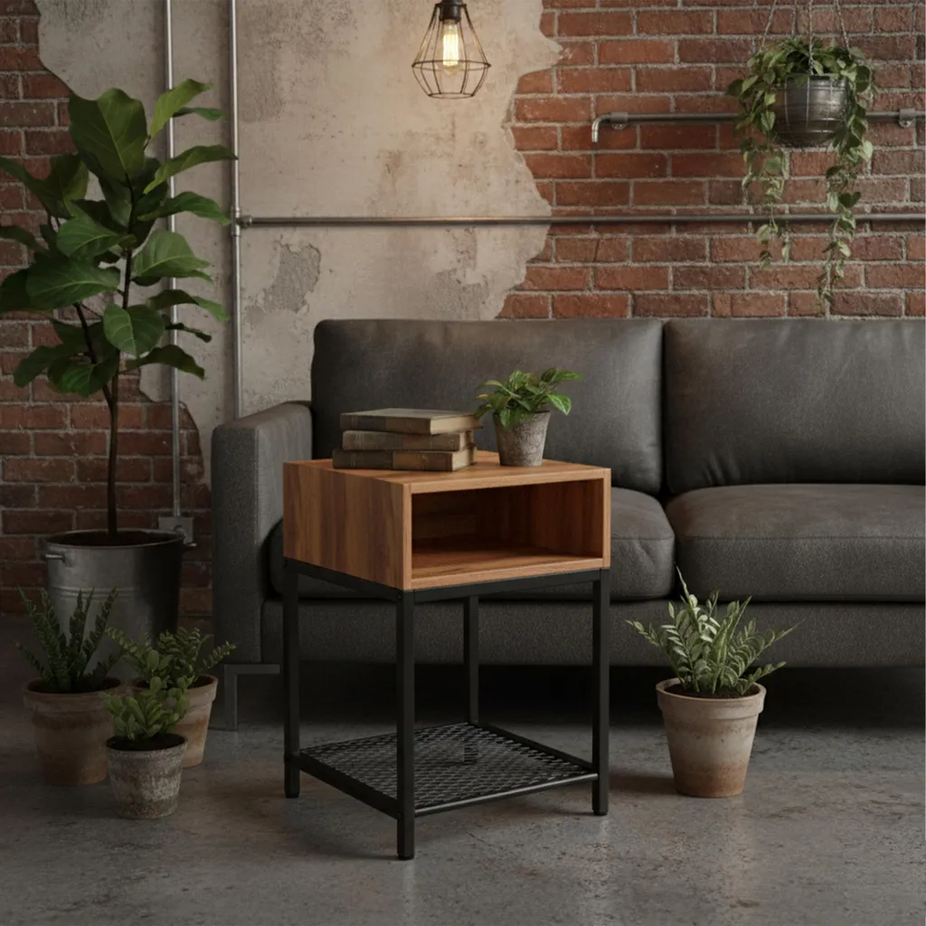 Relaxdays Table de nuit Industrial avec étagère et compartiment noir